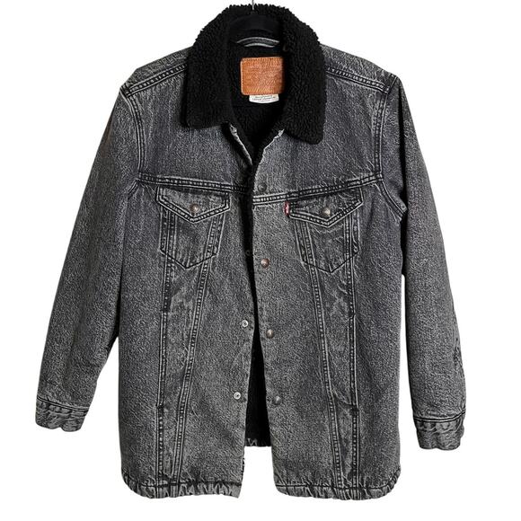 LEVI’S Trucker Sherpa lined denim jacket black acid wash longer length small - Picture 2 of 7